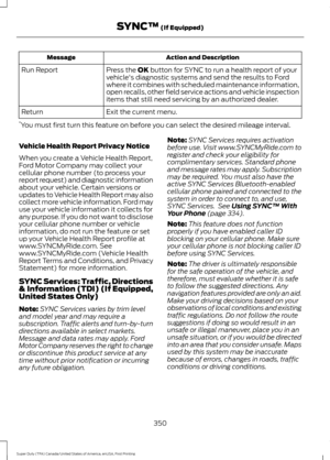 Page 353Action and Description
Message
Press the OK button for SYNC to run a health report of your
vehicle's diagnostic systems and send the results to Ford
where it combines with scheduled maintenance information,
open recalls, other field service actions and vehicle inspection
items that still need servicing by an authorized dealer.
Run Report
Exit the current menu.
Return
* You must first turn this feature on before you can select the desired mileage interval.
Vehicle Health Report Privacy Notice
When you...