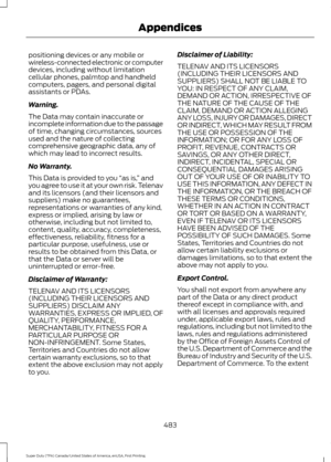 Page 486positioning devices or any mobile or
wireless-connected electronic or computer
devices, including without limitation
cellular phones, palmtop and handheld
computers, pagers, and personal digital
assistants or PDAs.
Warning.
The Data may contain inaccurate or
incomplete information due to the passage
of time, changing circumstances, sources
used and the nature of collecting
comprehensive geographic data, any of
which may lead to incorrect results.
No Warranty.
This Data is provided to you 
“as is, ” and...