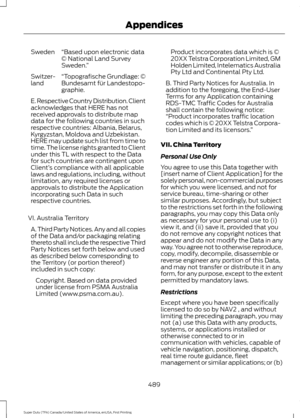 Page 492“Based upon electronic data
© National Land Survey
Sweden.
”
Sweden
“Topografische Grundlage: ©
Bundesamt für Landestopo-
graphie.
Switzer-
land
E. Respective Country Distribution. Client
acknowledges that HERE has not
received approvals to distribute map
data for the following countries in such
respective countries: Albania, Belarus,
Kyrgyzstan, Moldova and Uzbekistan.
HERE may update such list from time to
time. The license rights granted to Client
under this TL with respect to the Data
for such...