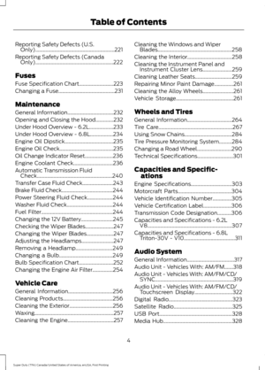 Page 7Reporting Safety Defects (U.S.
Only)..............................................................221
Reporting Safety Defects (Canada Only).............................................................222
Fuses
Fuse Specification Chart...........................223
Changing a Fuse............................................231
Maintenance
General Information
....................................232
Opening and Closing the Hood..............232
Under Hood Overview - 6.2L...................233
Under Hood...