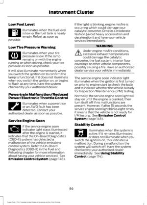 Page 89Low Fuel Level
Illuminates when the fuel level
is low or the fuel tank is nearly
empty. Refuel as soon as
possible.
Low Tire Pressure Warning Illuminates when your tire
pressure is low. If the lamp
remains on with the engine
running or when driving, check your tire
pressure as soon as possible.
It will also illuminate momentarily when
you switch the ignition on to confirm the
lamp is functional. If it does not illuminate
when you switch the ignition on, or begins
to flash at any time, have the system...