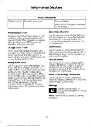 Page 100Truck Apps (cont’
d)
Rename Trailer
Press OK for options
Trailer (cont’ d)
Reset Trailer Mileage / Kilometers
(if equipped)
Trailer disconnected
Disregard this status if your vehicle is not
equipped with a factory installed trailer
brake controller. This message may appear
when an aftermarket TBC is used even
when the trailer is connected.
Change Active Trailer
When this is highlighted, press the right
arrow key to change the currently selected
trailer. Use the up and down arrows to
select a trailer and...