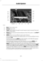 Page 323Eject: Press to eject a CD.
A
CD slot:
 Insert a CD.
B
Tune:
 Press to search through the radio frequency band manually. Press and
hold for a fast search.
C
Phone:
 Press to access the phone features of the SYNC system.  See SYNC™
(page 329).
D
MENU:
 Press to access different audio system features.
E
If your vehicle is equipped with satellite radio, you can access different menus
by pressing 
OK.
Set the time by pressing 
MENU until SET HOURS or SET MINUTES appears
and using the arrow buttons to adjust...