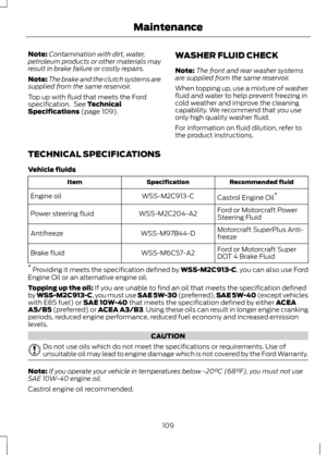 Page 111Note:
Contamination with dirt, water,
petroleum products or other materials may
result in brake failure or costly repairs.
Note: The brake and the clutch systems are
supplied from the same reservoir.
Top up with fluid that meets the Ford
specification.  See Technical
Specifications (page 109). WASHER FLUID CHECK
Note:
The front and rear washer systems
are supplied from the same reservoir.
When topping up, use a mixture of washer
fluid and water to help prevent freezing in
cold weather and improve the...