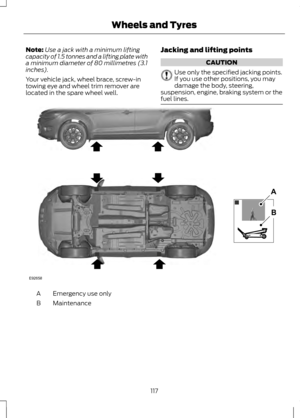 Page 119Note:
Use a jack with a minimum lifting
capacity of 1.5 tonnes and a lifting plate with
a minimum diameter of 80 millimetres (3.1
inches).
Your vehicle jack, wheel brace, screw-in
towing eye and wheel trim remover are
located in the spare wheel well. Jacking and lifting points CAUTION
Use only the specified jacking points.
If you use other positions, you may
damage the body, steering,
suspension, engine, braking system or the
fuel lines. Emergency use only
A
Maintenance
B
117
Wheels and TyresE92658AB  