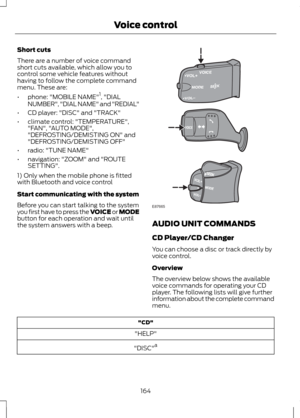 Page 166Short cuts
There are a number of voice command
short cuts available, which allow you to
control some vehicle features without
having to follow the complete command
menu. These are:
•
phone: "MOBILE NAME" 1
, "DIAL
NUMBER", "DIAL NAME" and "REDIAL"
• CD player: "DISC" and "TRACK"
• climate control: "TEMPERATURE",
"FAN", "AUTO MODE",
"DEFROSTING/DEMISTING ON" and
"DEFROSTING/DEMISTING OFF"
• radio: "TUNE NAME"
•...