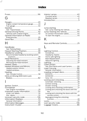 Page 184Fuses..................................................................96
G
Gauges...............................................................49
Engine coolant temperature gauge..............49
Fuel gauge.............................................................. 50
Gearbox See: Transmission................................................ 78
General Driving Points..................................92 Vehicles with a diesel engine........................... 92
General Information on Radio...