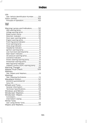 Page 188VIN
See: Vehicle Identification Number.............126
Voice control..................................................163
Principle of Operation....................................... 163
W
Warning Lamps and Indicators................50 ABS warning lamp............................................... 50
Airbag warning lamp.......................................... 50
Brake system lamp.............................................. 50
Direction indicator............................................... 50...