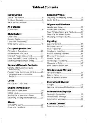 Page 3Introduction
About This Manual...........................................5
Symbols Glossary.............................................5
Parts and Accessories.....................................5
At a Glance
At a Glance..........................................................8
Child Safety
Child Seats
.........................................................15
Booster Seats
...................................................16
Child Seat Positioning....................................17
Child Safety...