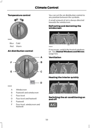 Page 61Temperature control
Cold
Blue
Warm
Red
Air distribution control Windscreen
A
Footwell and windscreen
B
Face level
C
Face level and footwell
D
Footwell
E
Face level, windscreen and
footwell
F You can set the air distribution control to
any position between the symbols.
A small amount of air is always directed
towards the windscreen.
Defrosting and demisting the
windscreen
If necessary, switch the heated windows
on.  See Heated Windows and Mirrors
(page 62).
Ventilation Heating the interior quickly...