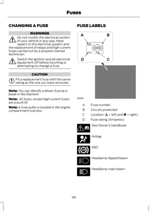 Page 98CHANGING A FUSE
WARNINGS
Do not modify the electrical system
of your vehicle in any way. Have
repairs to the electrical system and
the replacement of relays and high current
fuses carried out by a properly trained
technician. Switch the ignition and all electrical
equipment off before touching or
attempting to change a fuse.
CAUTION
Fit a replacement fuse with the same
rating as the one you have removed.
Note:
You can identify a blown fuse by a
break in the filament.
Note:  All fuses, except high current...