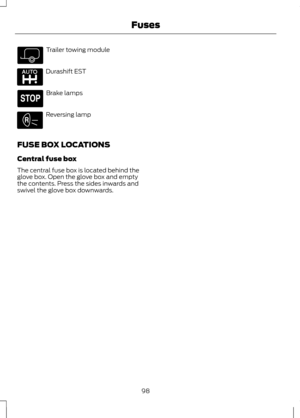 Page 100Trailer towing module
Durashift EST
Brake lamps
Reversing lamp
FUSE BOX LOCATIONS
Central fuse box
The central fuse box is located behind the
glove box. Open the glove box and empty
the contents. Press the sides inwards and
swivel the glove box downwards.
98
Fuses     