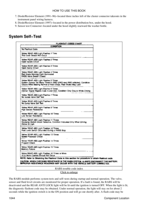 Page 1024Diode/Resistor Element (1991-96)-located three inches left of the cluster connector takeouts in the
instrument panel wiring harness.
7. 
Diode/Resistor Element (1997)-located in the power distribution box, under the hood.
8. 
Sensor test Connector-located under the hood slightly rearward the washer bottle.
9. 
System Self-Test
RABS trouble code indexClick to enlarge
The RABS module performs system tests and self-tests during startup and normal operation. The valve,
sensor and fluid level circuits are...