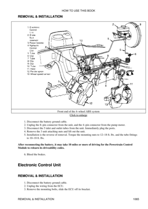 Page 1043
REMOVAL & INSTALLATION
Front end of the 4-wheel ABS systemClick to enlarge
Disconnect the battery ground cable.
1. 
Unplug the 8-pin connector from the unit, and the 4-pin connector from the pump motor.
2. 
Disconnect the 5 inlet and outlet tubes from the unit. Immediately plug the ports.
3. 
Remove the 3 unit attaching nuts and lift out the unit.
4. 
Installation is the reverse of removal. Torque the mounting nuts to 12-18 ft. lbs. and the tube fittings
to 10-18 ft. lbs.
5. 
After reconnecting the...