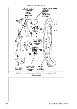 Page 1049Exploded view of the Explorer/Mountaineer front door hinge assembly
Click to enlarge
HOW TO USE THIS BOOK
1072 REMOVAL & INSTALLATION 