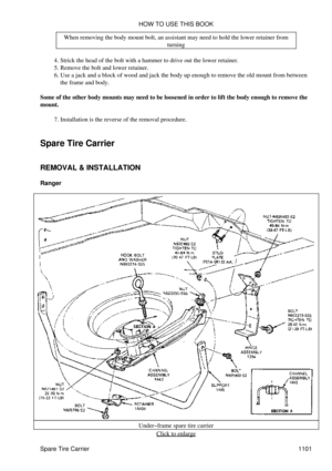 Page 1078When removing the body mount bolt, an assistant may need to hold the lower retainer from
turning
Strick the head of the bolt with a hammer to drive out the lower retainer.
4. 
Remove the bolt and lower retainer.
5. 
Use a jack and a block of wood and jack the body up enough to remove the old mount from between
the frame and body.
6. 
Some of the other body mounts may need to be loosened in order to lift the body enough to remove the
mount.
Installation is the reverse of the removal procedure.
7. 
Spare...