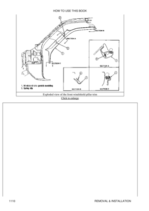 Page 1087Exploded view of the front windshield pillar trim
Click to enlarge
HOW TO USE THIS BOOK
1110 REMOVAL & INSTALLATION 