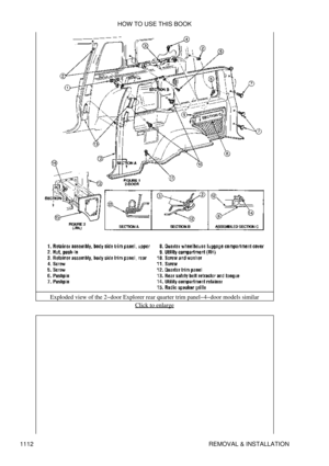 Page 1089Exploded view of the 2-door Explorer rear quarter trim panel-4-door models similar
Click to enlarge
HOW TO USE THIS BOOK
1112 REMOVAL & INSTALLATION 