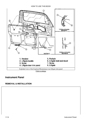 Page 1091Exploded view of the Explorer/Mountaineer rear liftgate trim panel
Click to enlarge
Instrument Panel
REMOVAL & INSTALLATION HOW TO USE THIS BOOK
1114 Instrument Panel 