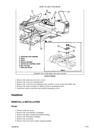 Page 1096Exploded view of the high-end center console
Click to enlarge
Remove the small arm rest screw covers.
1. 
Remove the 4 arm rest retaining bolts.
2. 
Remove the 2 rear arm rest retaining screws and the 2 screws in the front utility tray.
3. 
Remove the entire assembly, by lifting it from its mounting bracket.
4. 
Install the console in position and install all mounting screws.
5. 
Headliner
REMOVAL & INSTALLATION
Ranger Remove both sun visors.
1. 
Remove the assist handles if equipped.
2. 
Remove the...