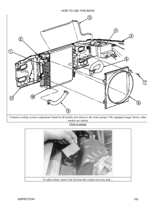 Page 147
Common cooling system components found on all models (not shown is the water pump)-3.0L equipped ranger shown, other
models are similar
Click to enlarge
To add coolant, remove the lid from the coolant recovery tank ... HOW TO USE THIS BOOK
INSPECTION 133 