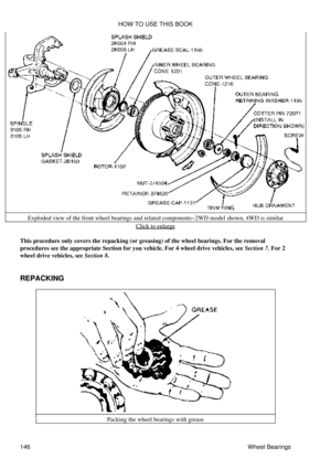 Page 160Exploded view of the front wheel bearings and related components-2WD model shown, 4WD is similar
Click to enlarge
This procedure only covers the repacking (or greasing) of the wheel bearings. For the removal
procedures see the appropriate Section for you vehicle. For 4 wheel drive vehicles, see Section 7. For 2
wheel drive vehicles, see Section 8.
REPACKING
Packing the wheel bearings with greaseHOW TO USE THIS BOOK
146 Wheel Bearings 