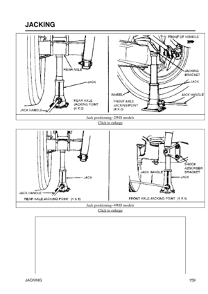 Page 170
JACKING
Jack positioning-2WD modelsClick to enlarge
Jack positioning-4WD models Click to enlarge
JACKING 159 