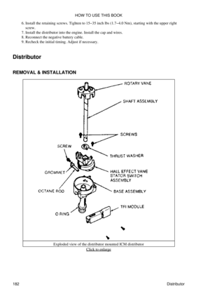 Page 193Install the retaining screws. Tighten to 15-35 inch lbs (1.7-4.0 Nm), starting with the upper right
screw.
6. 
Install the distributor into the engine. Install the cap and wires.
7. 
Reconnect the negative battery cable.
8. 
Recheck the initial timing. Adjust if necessary.
9. 
Distributor
REMOVAL & INSTALLATION
Exploded view of the distributor mounted ICM distributorClick to enlarge
HOW TO USE THIS BOOK
182 Distributor 