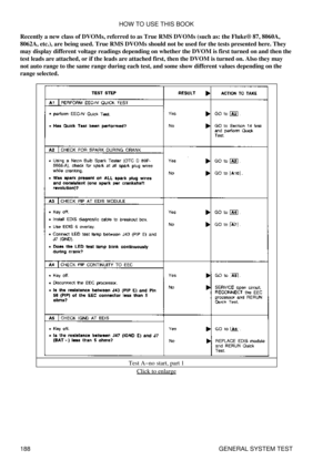 Page 199
Recently a new class of DVOMs, referred to as True RMS DVOMs (such as: the Fluke® 87, 8060A,
8062A, etc.), are being used. True RMS DVOMs should not be used for the tests presented here. They
may display different voltage readings depending on whether the DVOM is first turned on and then the
test leads are attached, or if the leads are attached first, then the DVOM is turned on. Also they may
not auto range to the same range during each test, and some show different values depending on the
range...