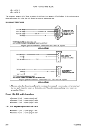 Page 211B+ to Coil 3
· 
B+ to Coil 4
· 
The resistance between all of these terminals should have been between 0.3-1.0 ohms. If the resistance was
more or less than this value, the coil should be replaced with a new one.
SECONDARY RESISTANCE
Engine ignition coil harness connections-3.0L and 4.0L engines Click to enlarge
Engine ignition coil harness connections-2.3L, 2.5L and 5.0L engines Click to enlarge
Measure, using the ohmmeter, and note the resistance between each corresponding coil terminal and
the two...