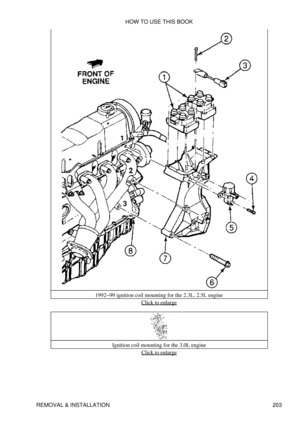 Page 2141992-99 ignition coil mounting for the 2.3L, 2.5L engine
Click to enlarge
Ignition coil mounting for the 3.0L engine Click to enlarge
HOW TO USE THIS BOOK
REMOVAL & INSTALLATION 203 