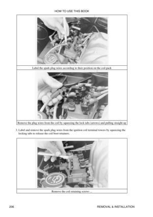 Page 217Label the spark plug wires according to their position on the coil pack
Remove the plug wires from the coil by squeezing the lock tabs (arrows) and pulling straight up Label and remove the spark plug wires from the ignition coil terminal towers by squeezing the
locking tabs to release the coil boot retainers.
3. 
Remove the coil retaining screws ...HOW TO USE THIS BOOK
206 REMOVAL & INSTALLATION 