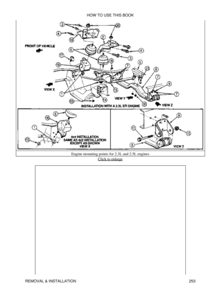 Page 260Engine mounting points for 2.3L and 2.5L engines
Click to enlarge
HOW TO USE THIS BOOK
REMOVAL & INSTALLATION 253 