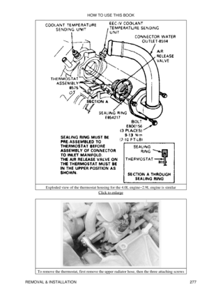 Page 284Exploded view of the thermostat housing for the 4.0L engine-2.9L engine is similar
Click to enlarge
To remove the thermostat, first remove the upper radiator hose, then the three attaching screws HOW TO USE THIS BOOK
REMOVAL & INSTALLATION 277 