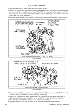 Page 289Disconnect the negative battery cable and secure it out of the way.
2. 
Remove the fuel filler cap to vent tank pressure. Release the pressure from the fuel system at the fuel
pressure relief valve using EFI pressure gauge T80L-9974-A or equivalent. The fuel pressure relief
valve is located on the fuel line in the upper right hand corner of the engine compartment. Remove the
valve cap to gain access to the valve.
3. 
Label and unplug any electrical connectors related to the intake manifold assemblies...