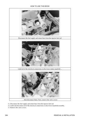 Page 301Disconnect the fuel supply and return lines from the injector fuel rail
Label all of the electrical connections on the lower intake manifold ... ... then disconnect them. Next, remove the valve covers
Disconnect the fuel supply and return lines from the injector fuel rail.
11. 
Label and disconnect all of the electrical connections on the lower manifold assembly.
12. 
Remove the valve covers.
13.  HOW TO USE THIS BOOK
294 REMOVAL & INSTALLATION 