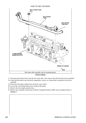 Page 307Hot water tube assembly and its mounting points
Click to enlarge
Disconnect the heater hoses from the hot water tube. Also remove the tube from the lower manifold.
17. 
Label and disconnect any electrical components, sensors or vacuum lines connected to the lower
manifold.
18. 
Disconnect the upper radiator hose from the water outlet.
19. 
Loosen the water pump bypass hose clamp at the pump.
20. 
Remove the rear engine ground strap.
21. 
Remove the camshaft synchronizer with the Camshaft Position (CMP)...