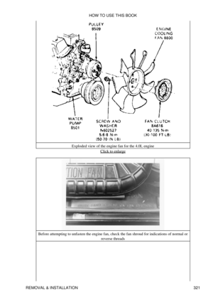 Page 328Exploded view of the engine fan for the 4.0L engine
Click to enlarge
Before attempting to unfasten the engine fan, check the fan shroud for indications of normal or reverse threads
HOW TO USE THIS BOOK
REMOVAL & INSTALLATION 321 