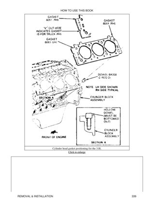 Page 346Cylinder head gasket positioning for the 3.0L
Click to enlarge
HOW TO USE THIS BOOK
REMOVAL & INSTALLATION 339 