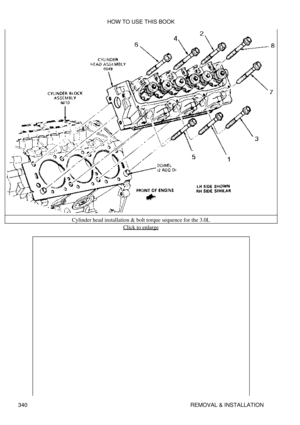 Page 347Cylinder head installation & bolt torque sequence for the 3.0L
Click to enlarge
HOW TO USE THIS BOOK
340 REMOVAL & INSTALLATION 