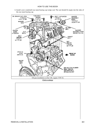 Page 368Install a new crankshaft rear main bearing cap wedge seal. The seal should fit snugly into the sides of
the rear main bearing cap.
6. 
Oil pan installation on the 4.0L engine (VIN X)Click to enlarge
HOW TO USE THIS BOOK
REMOVAL & INSTALLATION 361 