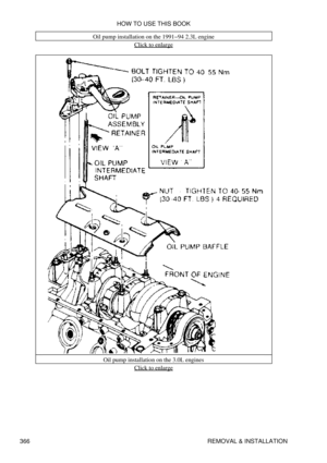 Page 373Oil pump installation on the 1991-94 2.3L engine
Click to enlarge
Oil pump installation on the 3.0L engines Click to enlarge
HOW TO USE THIS BOOK
366 REMOVAL & INSTALLATION 