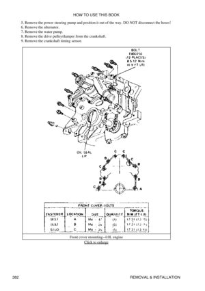 Page 389Remove the power steering pump and position it out of the way. DO NOT disconnect the hoses!
5. 
Remove the alternator.
6. 
Remove the water pump.
7. 
Remove the drive pulley/damper from the crankshaft.
8. 
Remove the crankshaft timing sensor.
9. 
Front cover mounting-4.0L engineClick to enlarge
HOW TO USE THIS BOOK
382 REMOVAL & INSTALLATION 