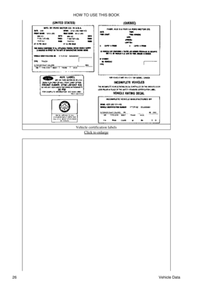 Page 41Vehicle certification labels
Click to enlarge
HOW TO USE THIS BOOK
26 Vehicle Data 