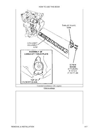 Page 424Camshaft installation-4.0L engines
Click to enlarge
HOW TO USE THIS BOOK
REMOVAL & INSTALLATION 417 