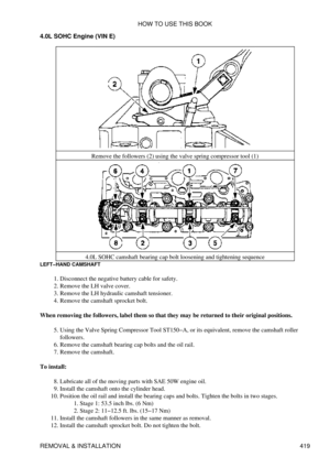 Page 426
4.0L SOHC Engine (VIN E)
Remove the followers (2) using the valve spring compressor tool (1)
4.0L SOHC camshaft bearing cap bolt loosening and tightening sequence
LEFT-HAND CAMSHAFT
Disconnect the negative battery cable for safety.
1. 
Remove the LH valve cover.
2. 
Remove the LH hydraulic camshaft tensioner.
3. 
Remove the camshaft sprocket bolt.
4. 
When removing the followers, label them so that they may be returned to their original positions. Using the Valve Spring Compressor Tool ST150-A, or its...