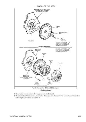 Page 440Flywheel assembly-2.3L and 2.5L engines
Click to enlarge
Remove the transmission, following procedures in Section 7.
1. 
On a manual shift transmission, remove the clutch pressure plate and cover assembly and clutch disc,
following the procedures in Section 7.
2.  HOW TO USE THIS BOOK
REMOVAL & INSTALLATION 433 