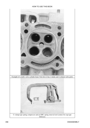 Page 464Example of a multi-valve cylinder head. Note how it has 2 intake and 2 exhaust valve ports
C-clamp type spring compressor and an OHC spring removal tool (center) for cup type followers
HOW TO USE THIS BOOK
458 DISASSEMBLY 