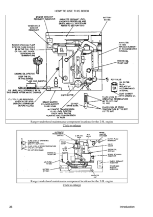 Page 50Ranger underhood maintenance component locations for the 2.9L engine
Click to enlarge
Ranger underhood maintenance component locations for the 3.0L engine Click to enlarge
HOW TO USE THIS BOOK
36 Introduction 