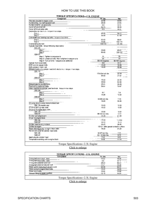 Page 508Torque Specifications-2.3L Engine
Click to enlarge
Torque Specifications-2.3L Engine Click to enlarge
HOW TO USE THIS BOOK
SPECIFICATION CHARTS 503 